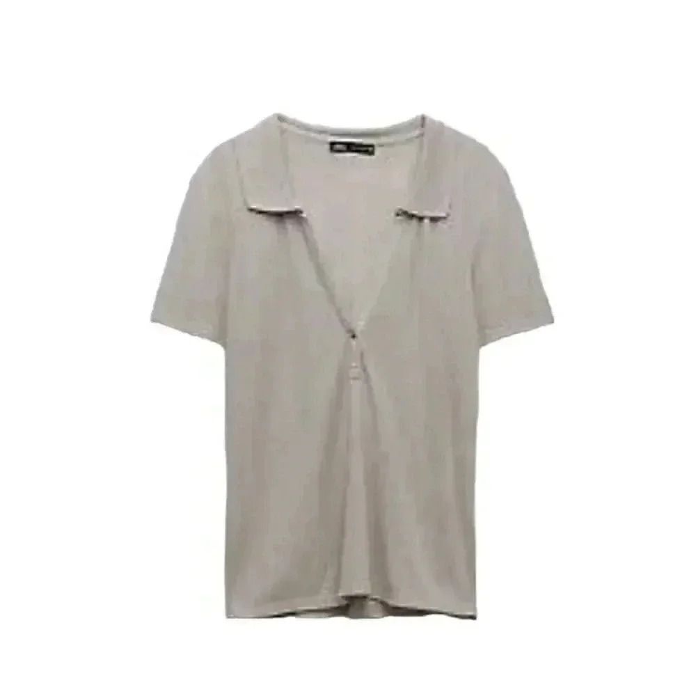 Zara Women's Beige Viscose V-Neck Polo Shirt